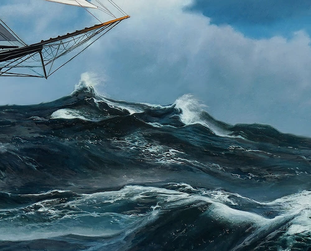 Kevin Grass Schooner Racing the Storm Detail 1 Oil on panel painting