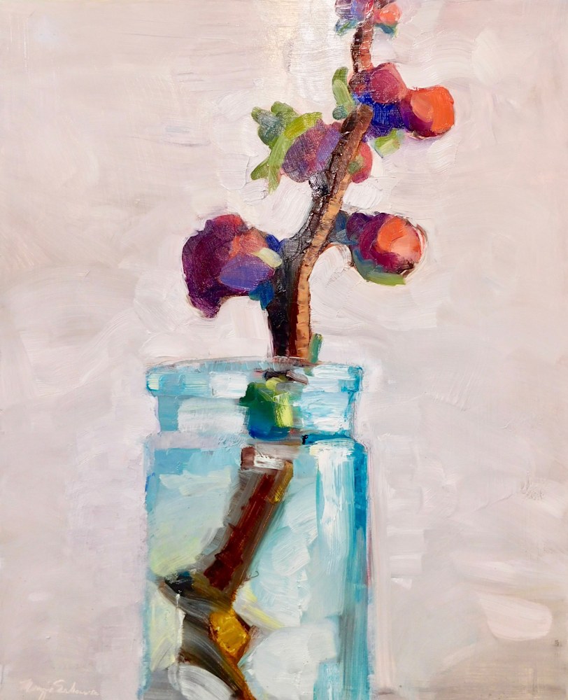 Beautiful Still Life With Red Flowering Quince Blooms Oil Painting By Monique Sarkessian On 30 X24 X 1 5 Deep Wood Cradleboard Unframed With Painted Sides