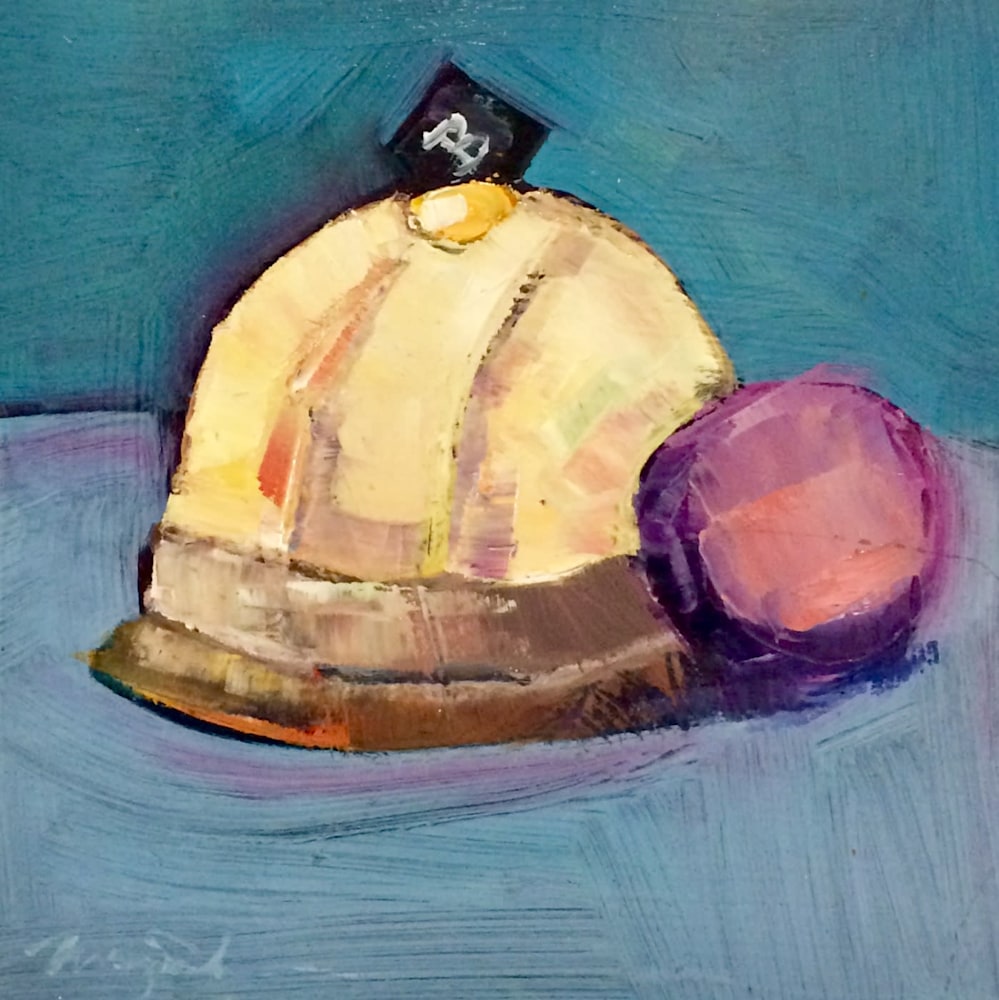 French Desserts, Mango Guava Dome, Oil and mixed media on wood, 6x6