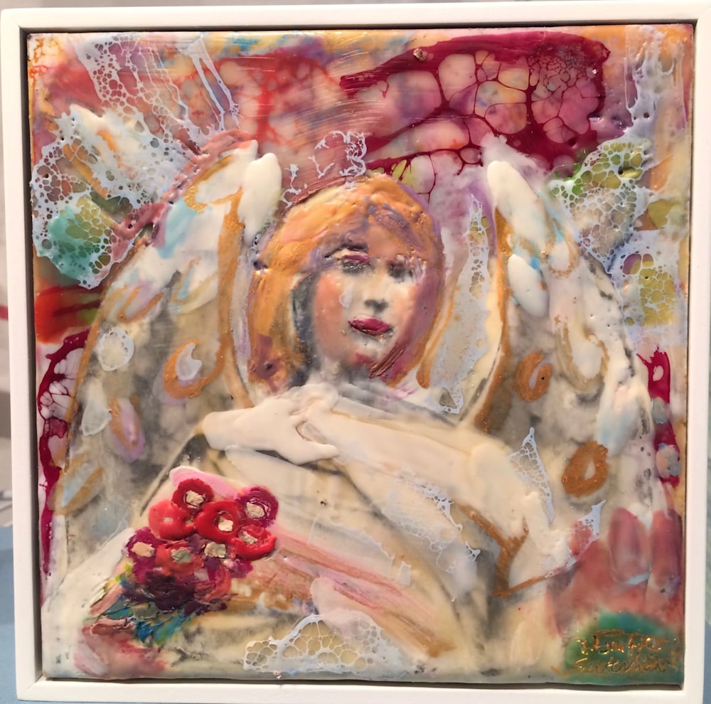 Love Conquers 15 angel with flowers frame, Encaustic Wax and Mixed Media , 6x6