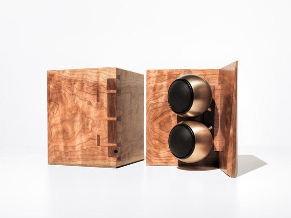 Orb Audio Speaker Stands in Curly Cherry by Timothy Hogan 1 grande