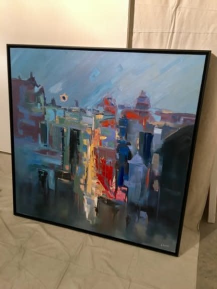 Abstract City Painting with black frame by Amber Favre Art