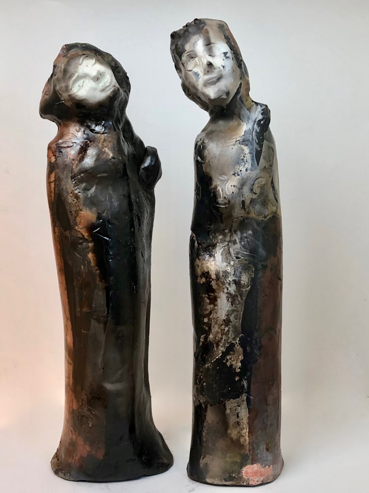 Ceramics Kissing Couple 1 pit fired front, 14"x3" each