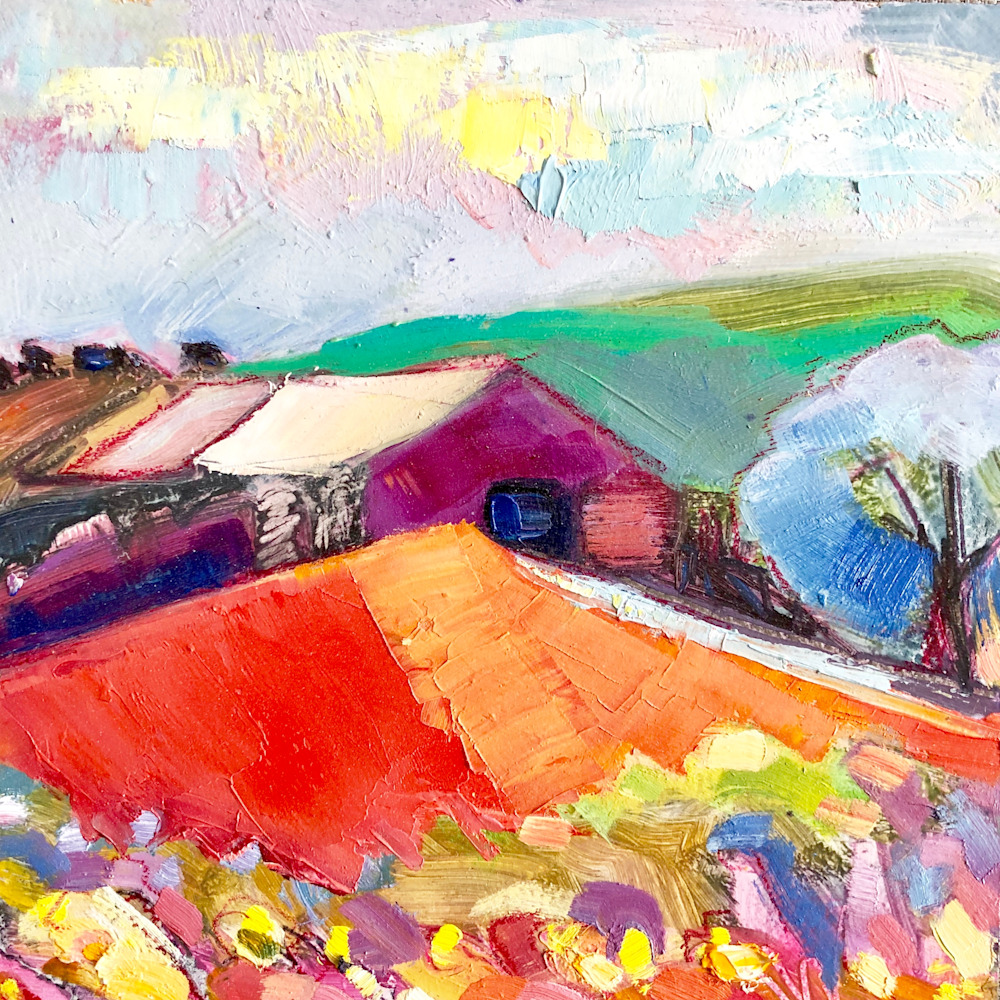 Red Farm Plein Air Oil Painting On Wood By Monique Sarkessian 6x6