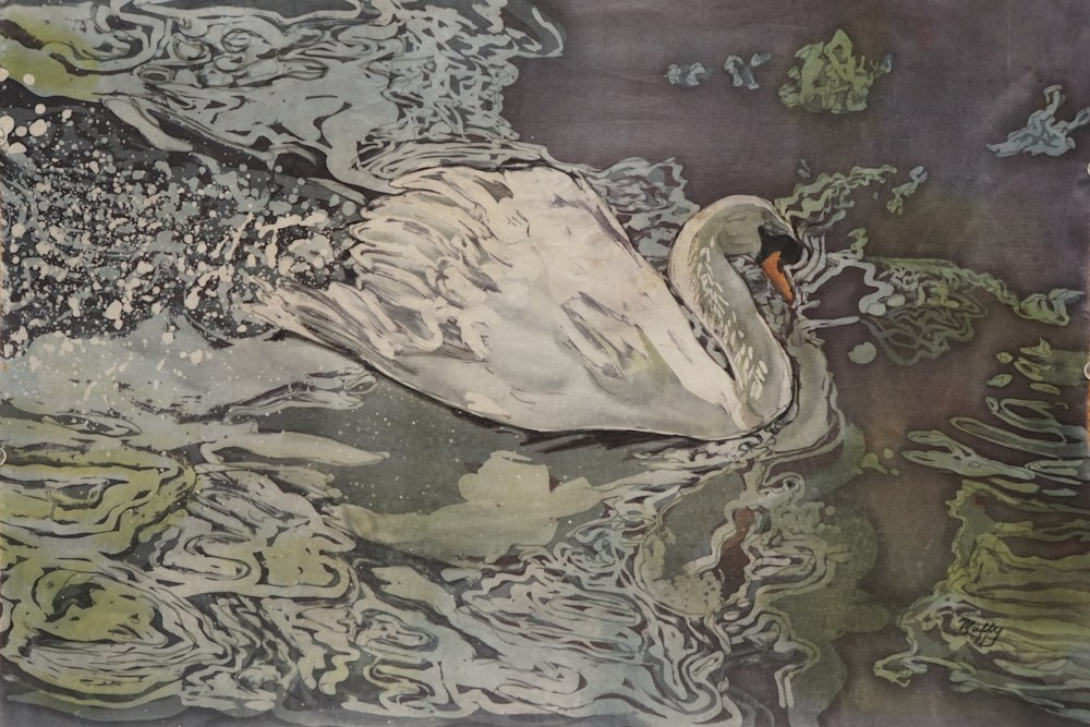 Muffy Clark Gill Silver Swan rozome on silk 22 x 26 in  2018