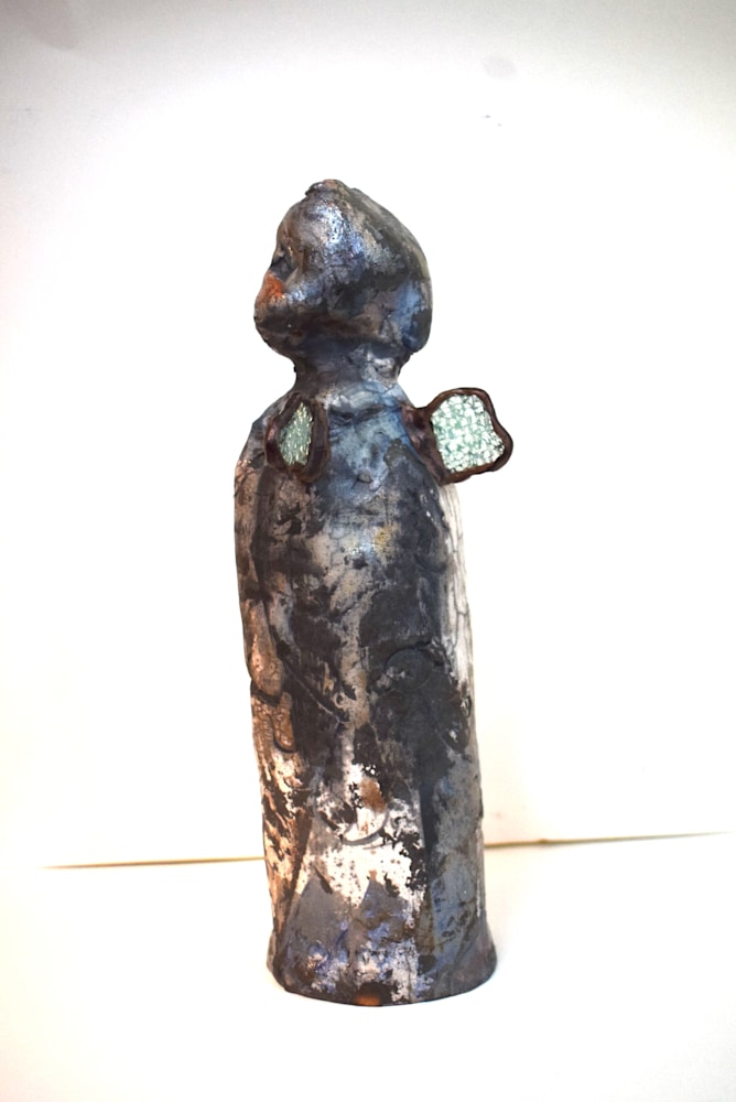 Ceramic Angel 1 back, raku clay and glass, 14x4