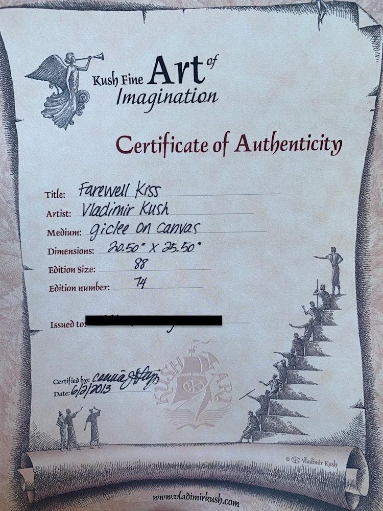 Vladimir Kush   Farewell Kiss Certificate of Authenticity Public Version