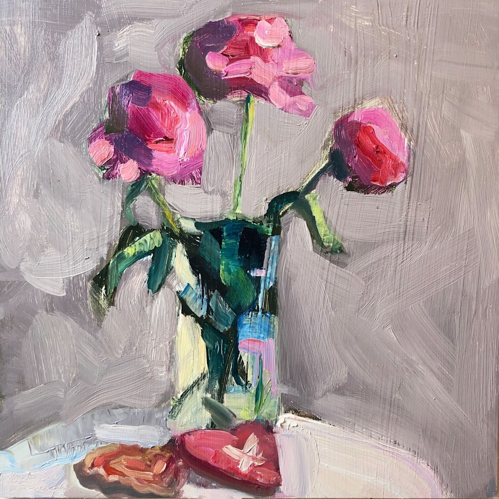 Still Life With Pink Peony Trio And Heart Cookies Expressionist