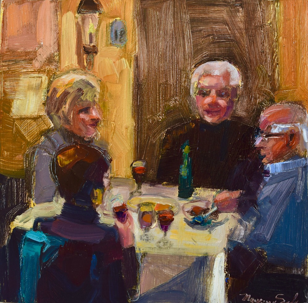 Striking Happy Diners 2 Portrait Series By Monique Sarkessian Oil On Wood 12x12 Framed With A White Frame Done At Trattoria San Nicola In Paoli