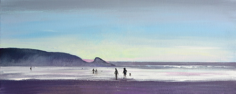 Newgale beach Pembrokeshire hot original panoramic watercolour painting.