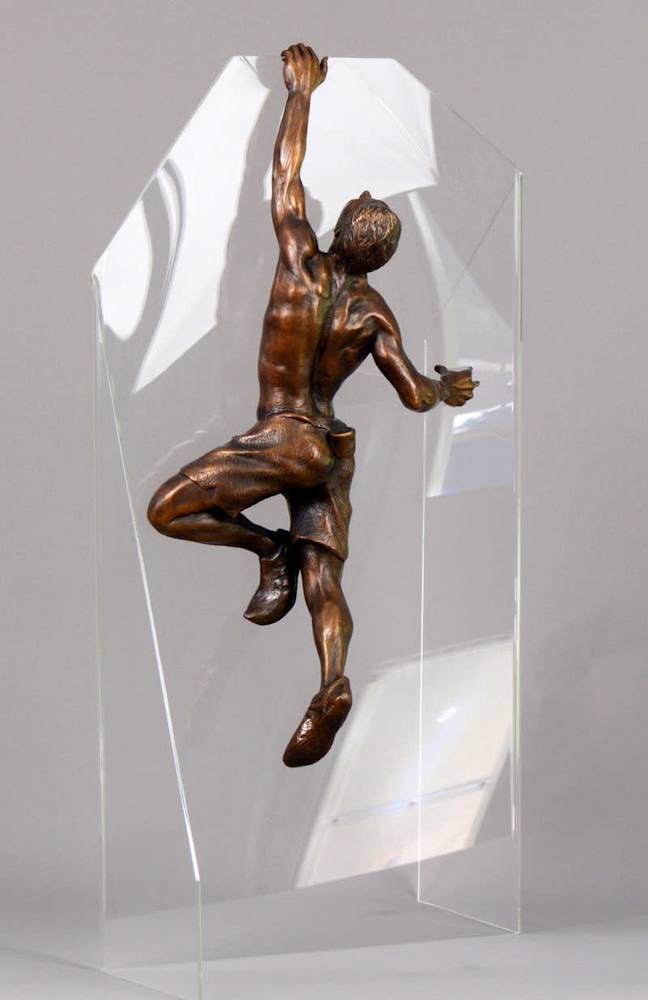 Lance Glasser   First Ascent Plexiglass Sculpture Bronze Rock Climber Athlete Figurative Sport Motivation