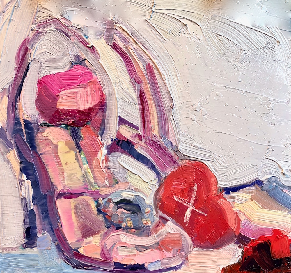 Still Life With Pink Rhinestone Heels Peont and Heart Cookie, Oil, 6x6