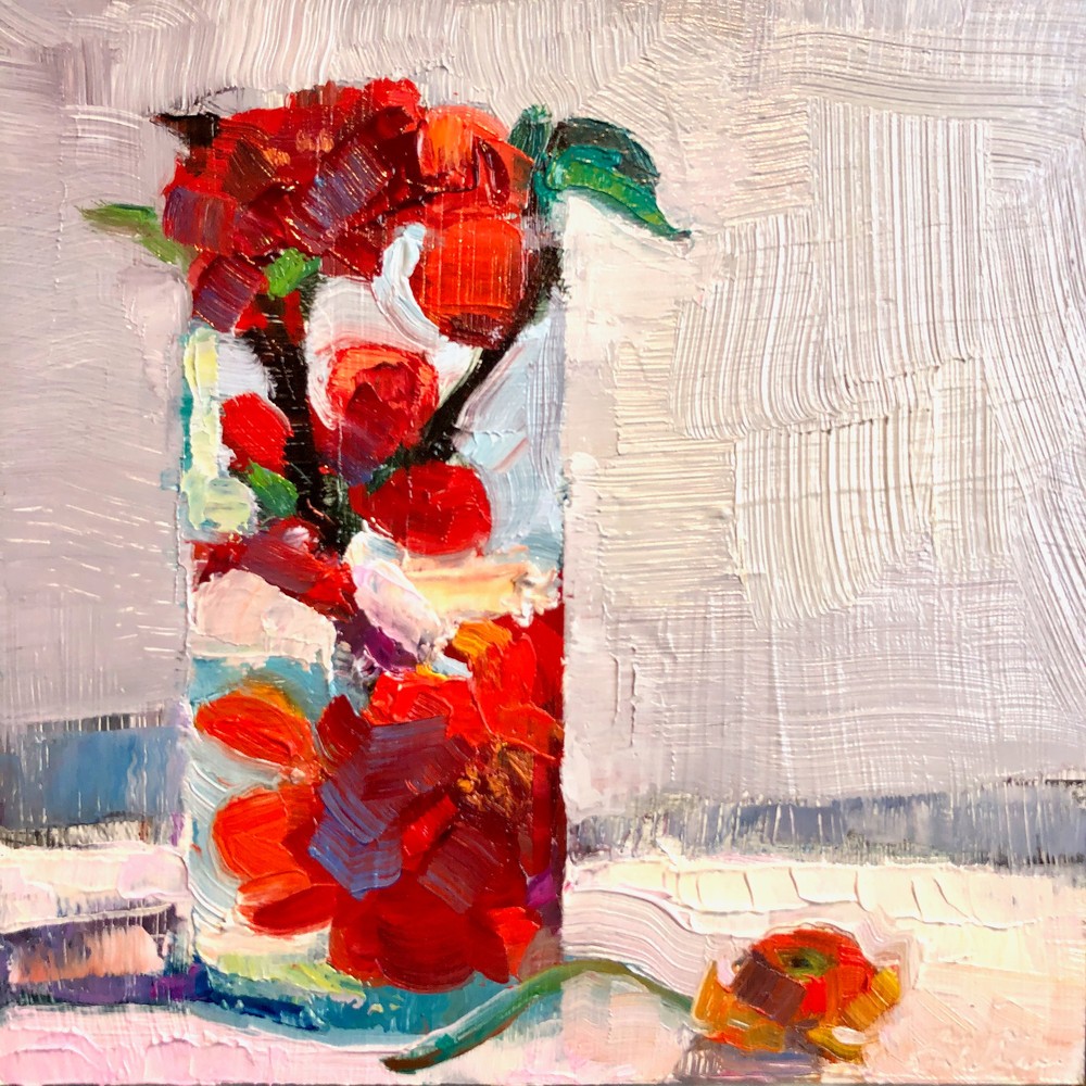 Together Still Life With Red Quince Blooms 13, Oil, 6x6