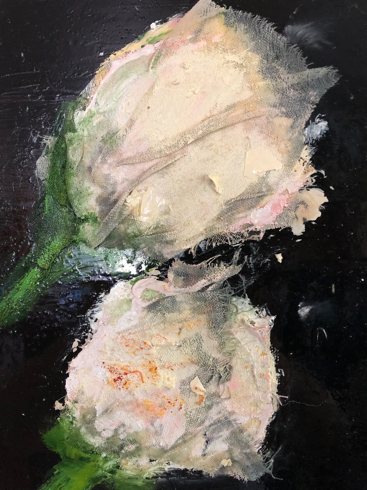 White Roses oil and guasze on wood 12x9