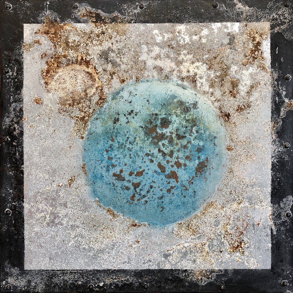 Planetary Series 111, 24x24, rust and oil on steel over wood