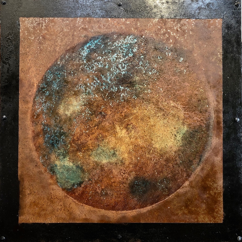 Planetary Series 124, 24x24, rust and oil on steel over wood