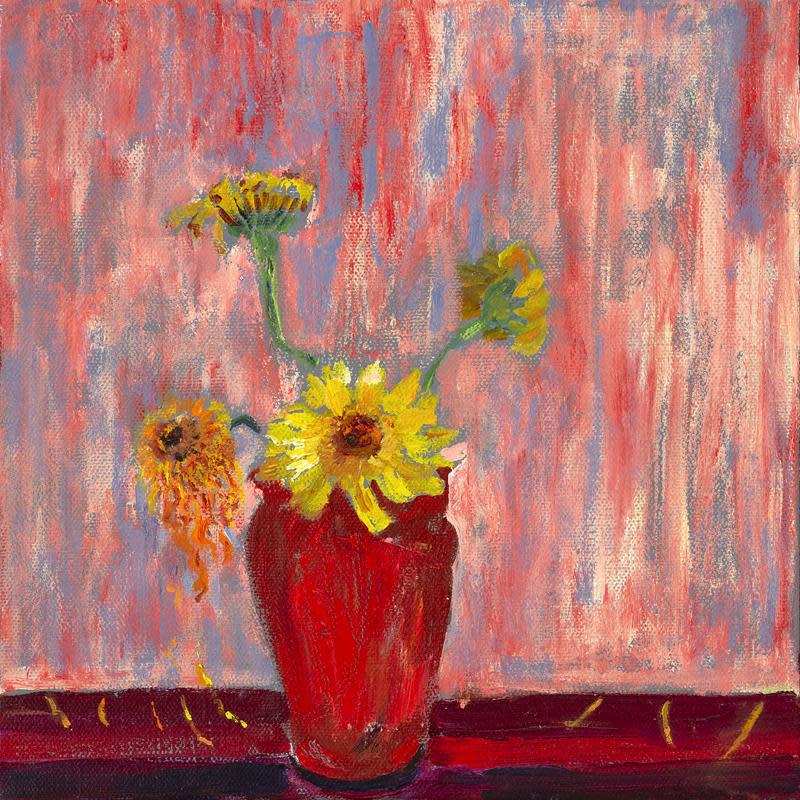 Yellow Flowers in a Red Pot   10 x 10