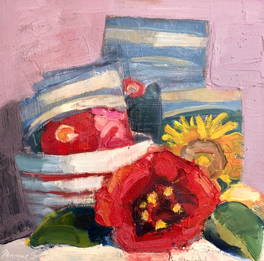Together Still Life With Camellia and Seed Packets, oil, 6x6