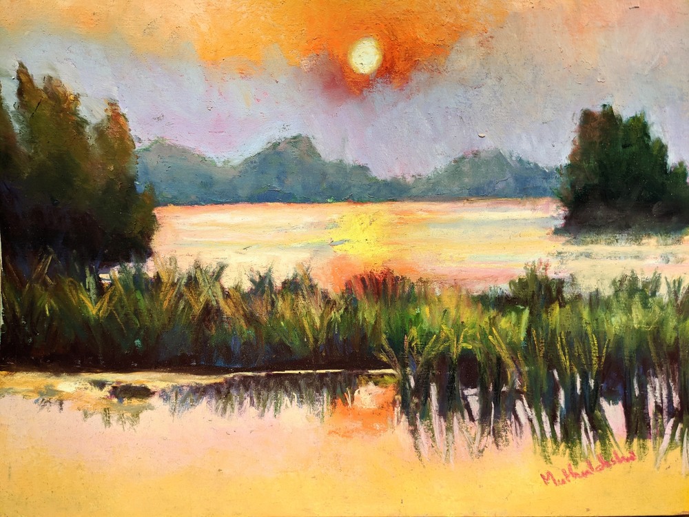 Muthulakshmi Narasimhan Sunset on the Marsh 9×12 Pastel on Sanded Paper