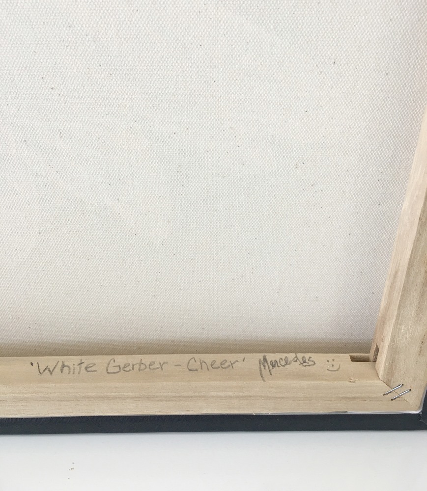 White Gerber Cheer  signature on back of painting