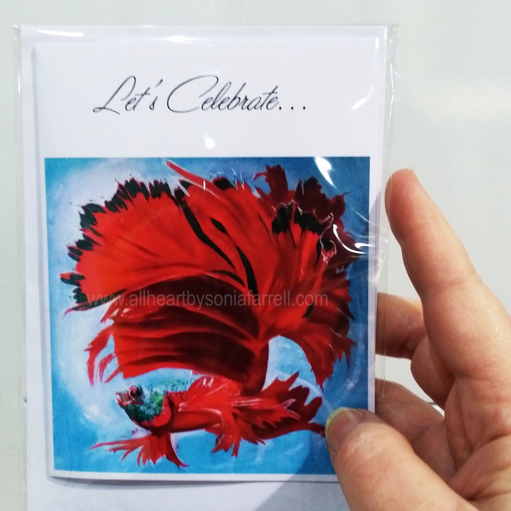Lets Celebrate Red Beta fish Greeting Card hand watermark