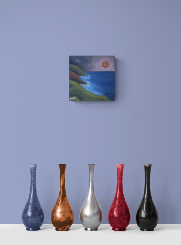 Row of colorful vases on shelf