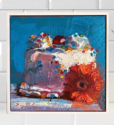 Together Still Life With Vanilla Cake and Flame Daisy, oil on Wood, 6x6