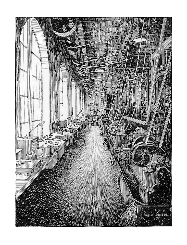 Edison Lathe Line Pen & Ink Art Andre Junget Illustration LLC