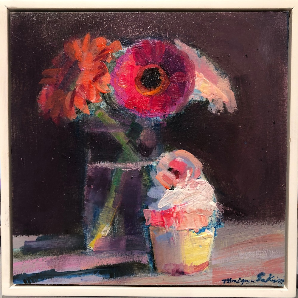 Together Still Life With Gerbera Daisies and Pink Cupcake, oil on Paper, 6x6