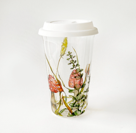 Glass Travel Mug Shrooms And Grass Art | Yevgenia Davidoff\'s Botanical  Portraits and Artwares