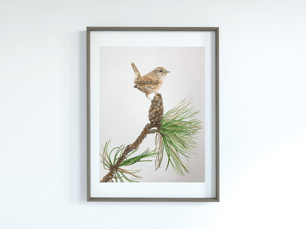 wren and pine painting in frame mockup