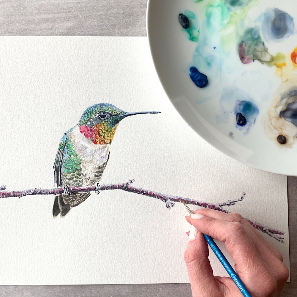 hummingbird and branch painting