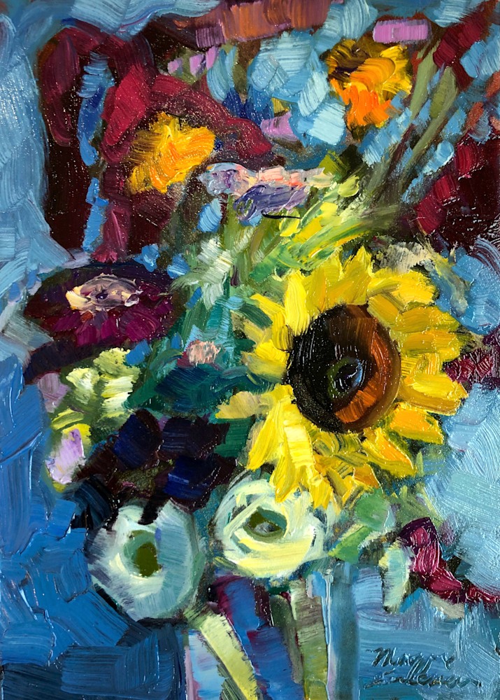 Together Still Life With Sunflowers and Red Amaranth, oil on wood, 7x5