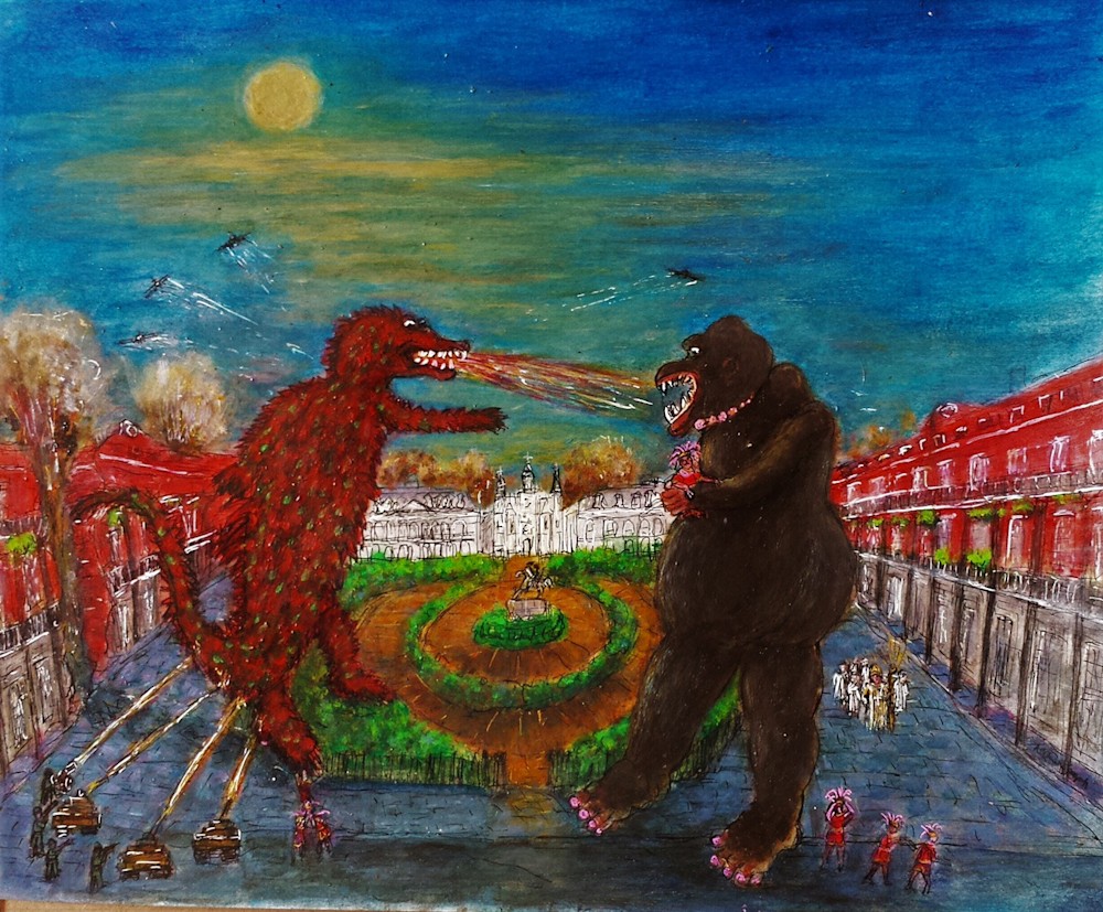 AChampagneQueen Kong vs Gatorsaurus11x14acrylicinkwatercolor framed