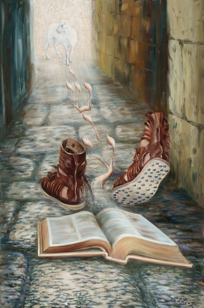Jelena Eros   Elena Eros Shoes of peace oil on canvas 36''x24''