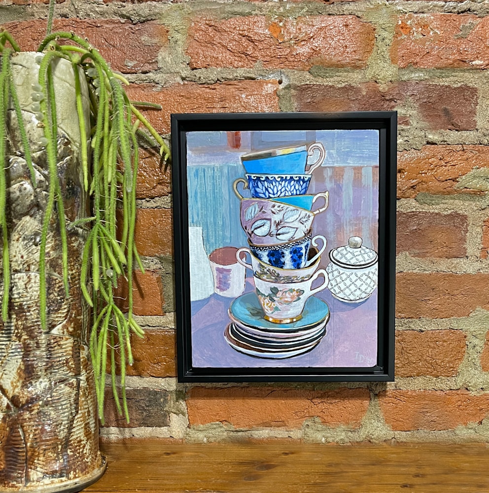 Tea Cups and Sugar Bowl framed, on wall