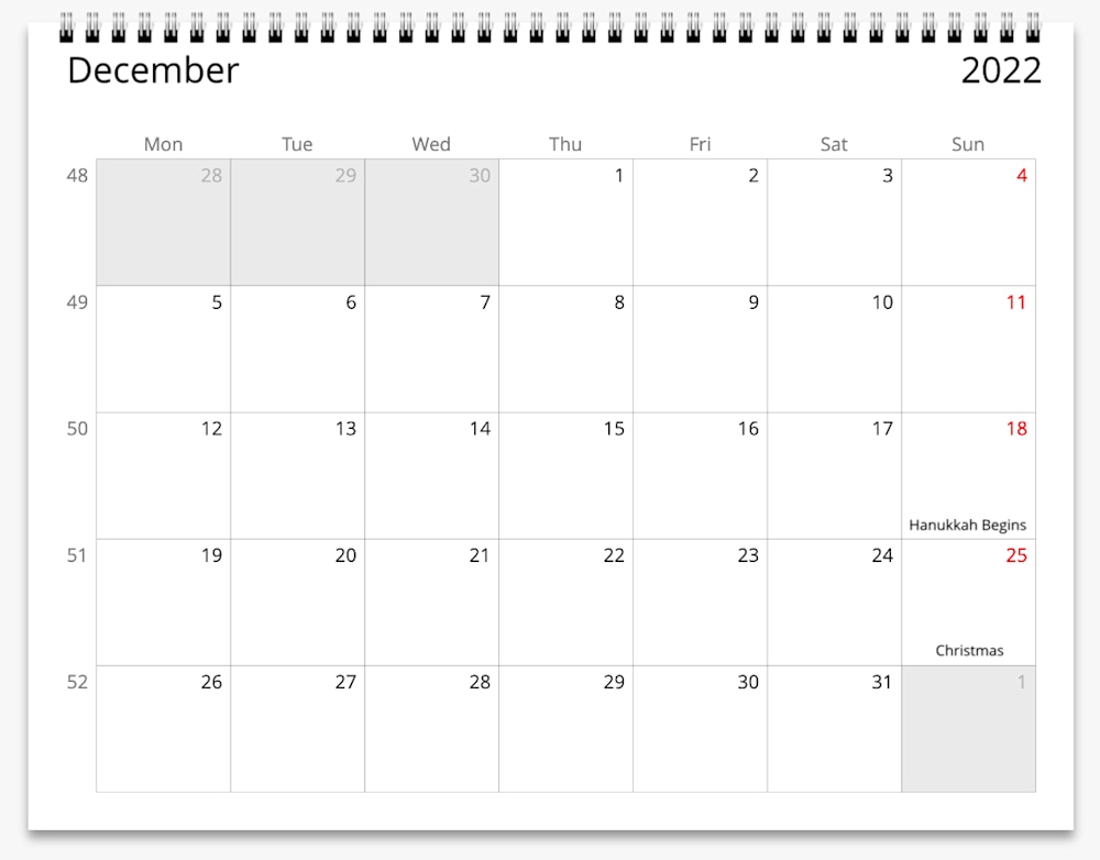 December 2022 Calendar Page