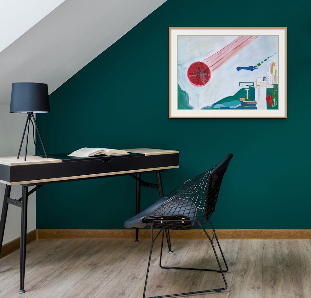 flyover on desk teal wall room cropped