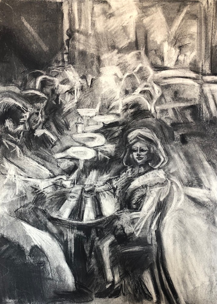 Paris Cafe 2, charcoal on paper, 24x18