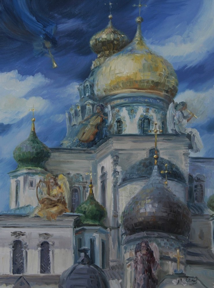 Jelena Eros Oil on canvas Worship in New Jerusalem Monastery 25x19 web 2000