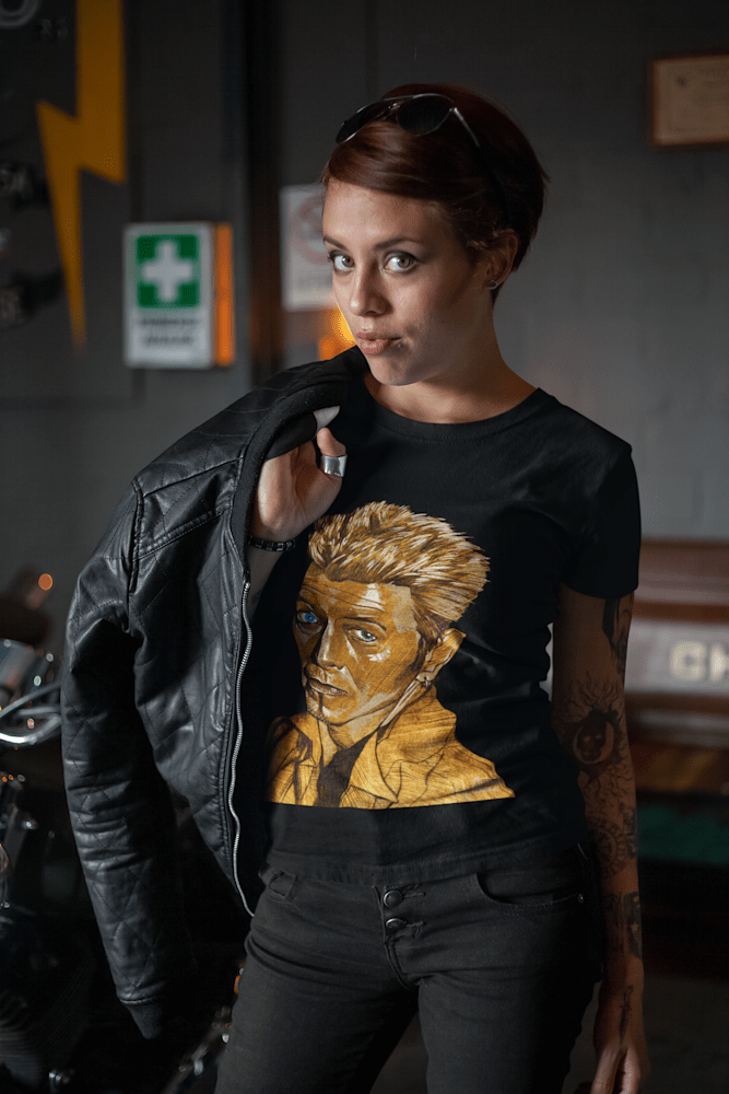 mockup of a biker woman with a t shirt putting a leather garment on 20205a(1)