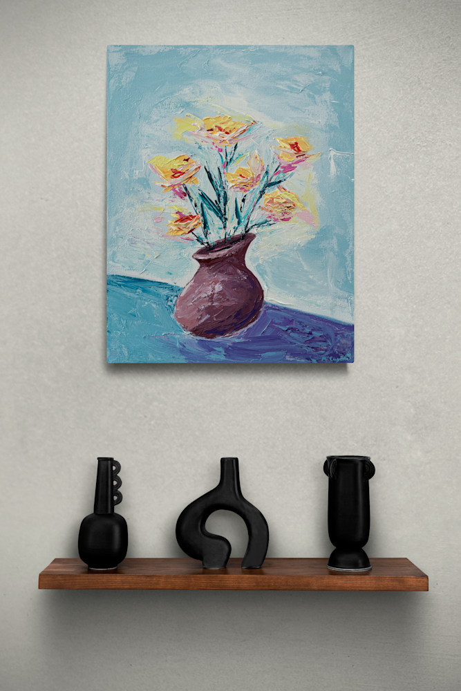 Wooden shelf with contemporary black vases