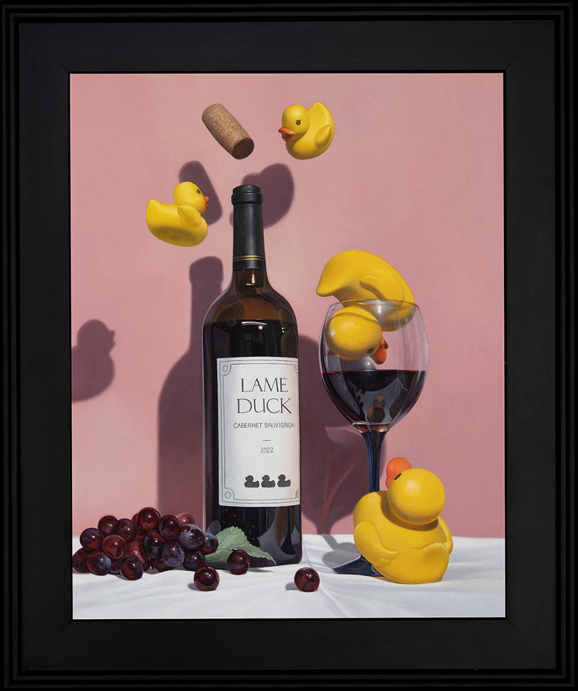 Kevin Grass Quack Open a Bottle Black Frame Acrylic on aluminum panel painting
