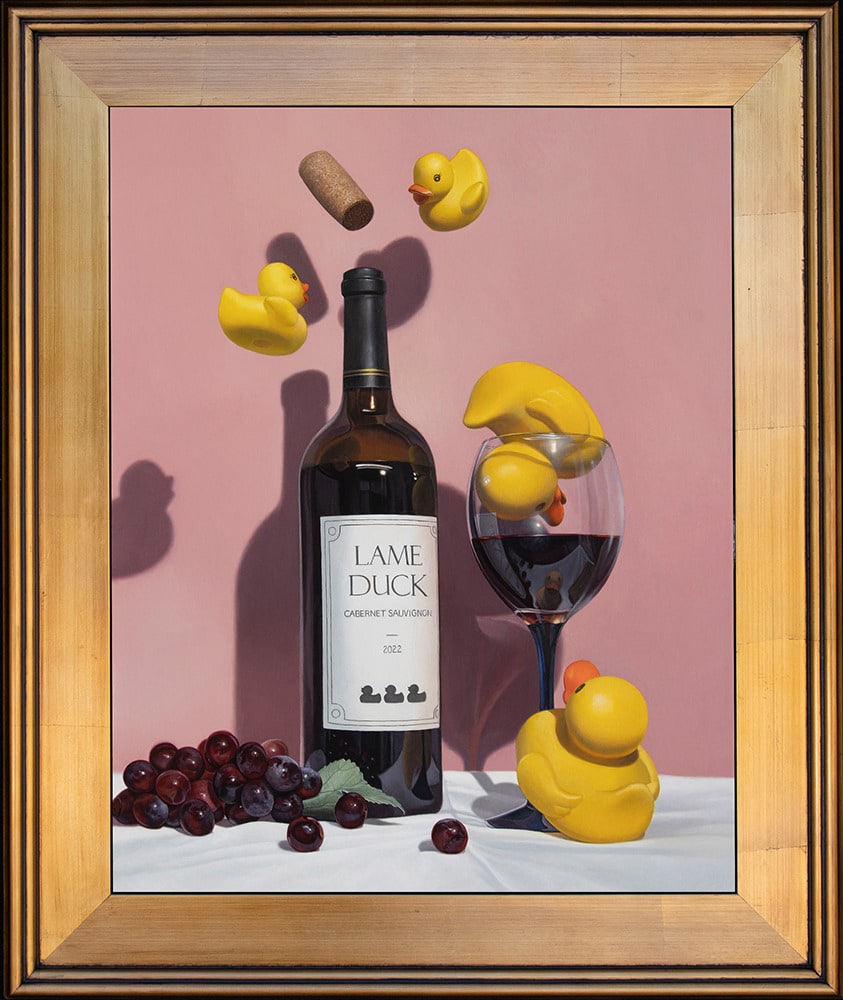 Kevin Grass Quack Open a Bottle Gold Frame Acrylic on aluminum panel painting