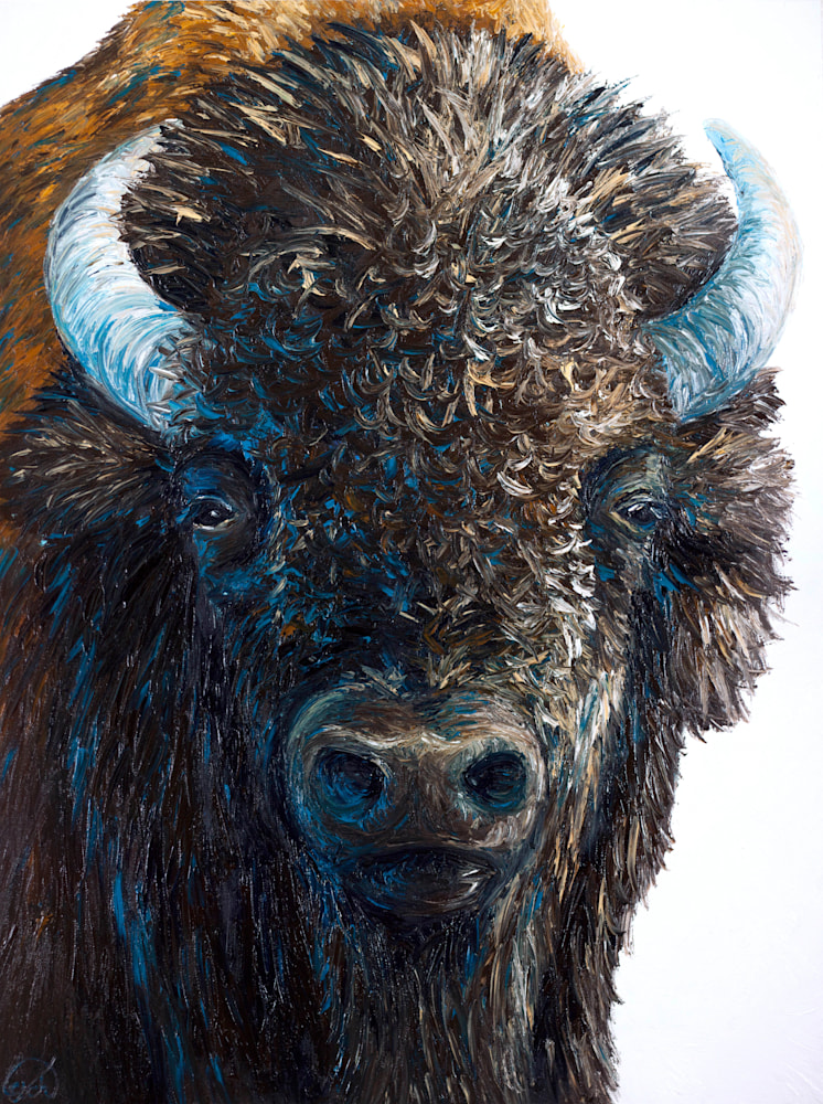 Elizabeth Mordensky, Portrait of a Buffalo, Oil Finger Painting 30 x40