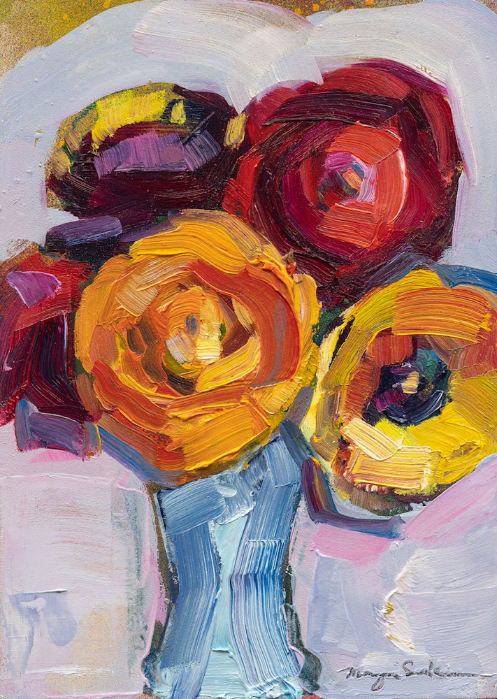 Together Still Life With Mixed Ranunculus Bouquet 2, oil on wood, 7x5