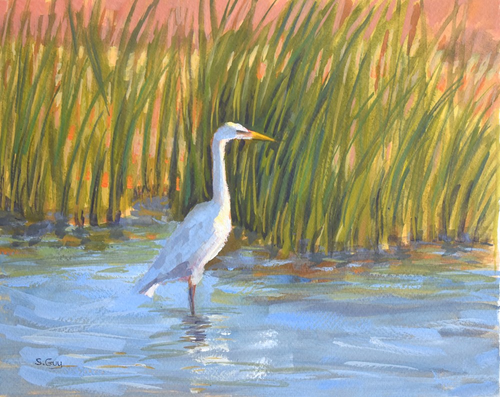 Pause Gouache Egret Painting Bird Art Nature Art Sharon Guy