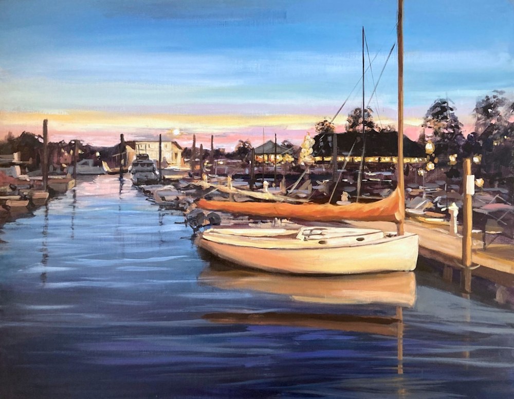 painting of guilford marina at sunset original
