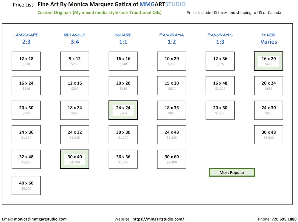 MMG price list for Originals and Commissions