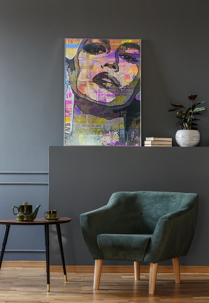 art print mockup placed against a gray wall in a modernly decorated room 35693 r el2
